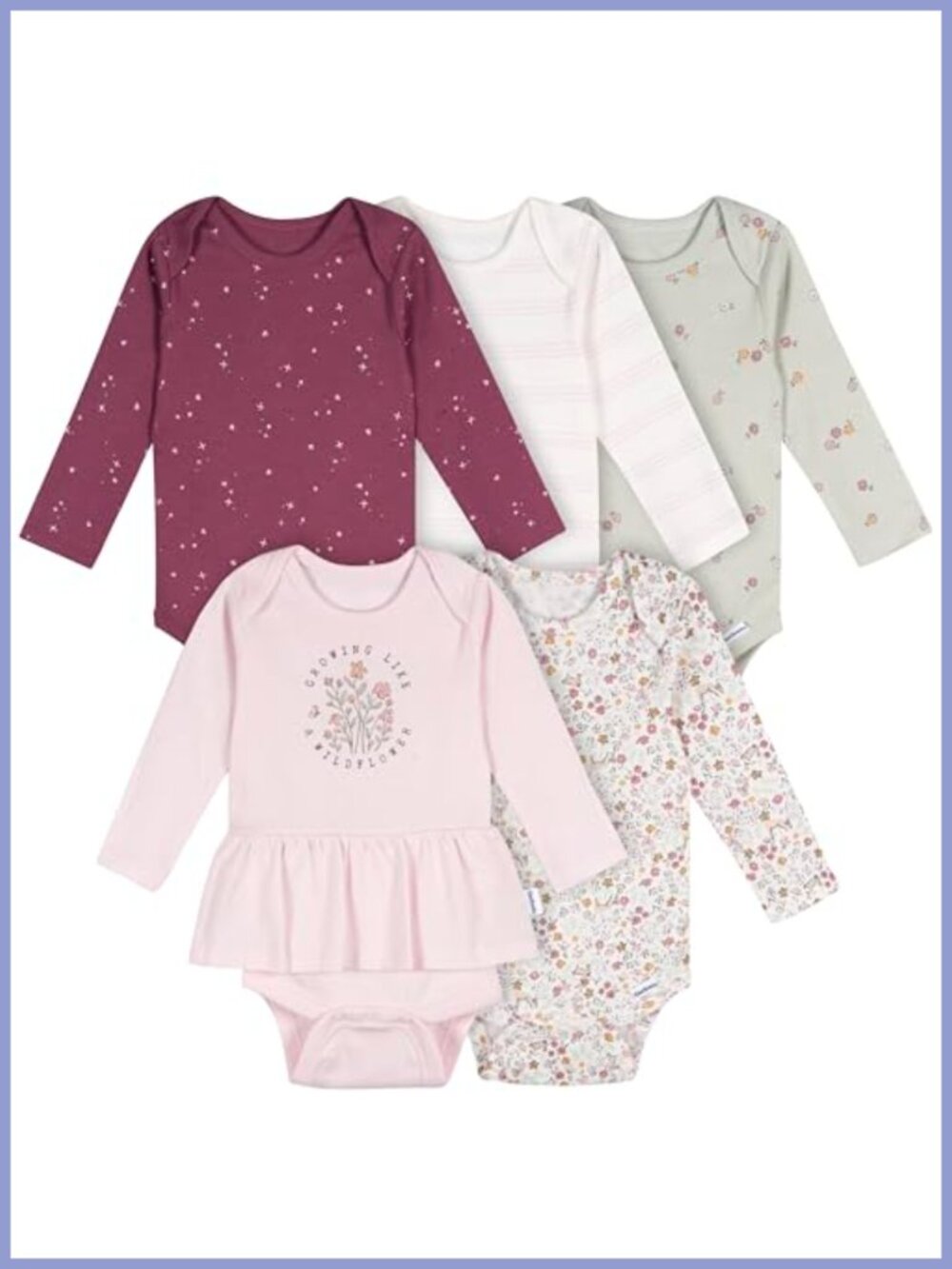 Baby Girls Long Sleeve Cotton Bodysuits 5 Pack Snap Closure